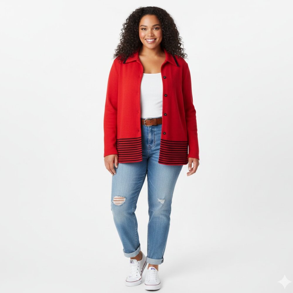 K WOMAN Plus Size 24W Red & Black Striped Button-Down Stretchy Textured Jacket